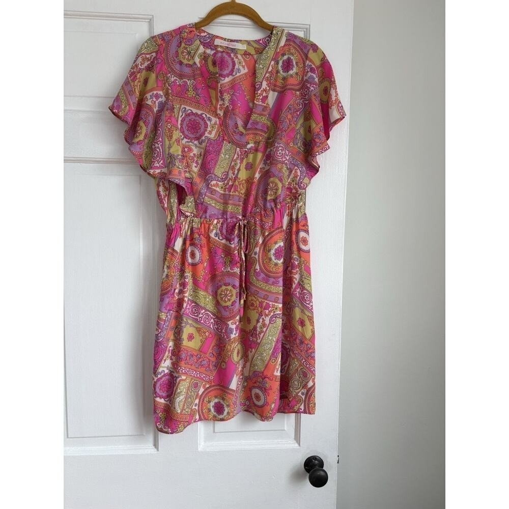 Alice Trixie Silk Mini Dress Pink Orange Paisley Scarf Print Flutter Sleeve S